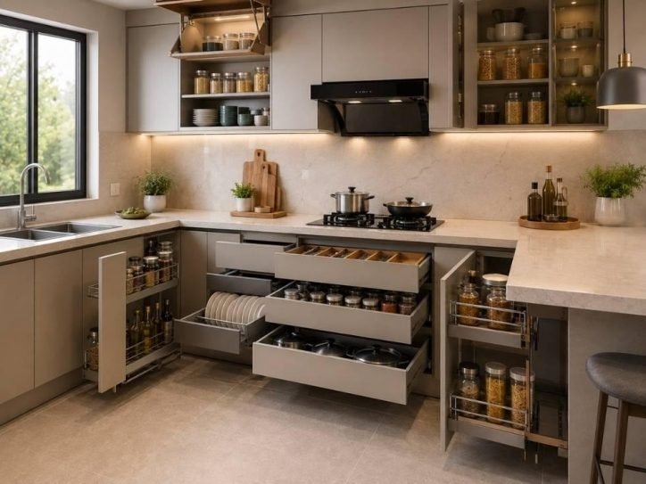 Modern modular kitchen with soft-close pull-out drawers and pantry trolley