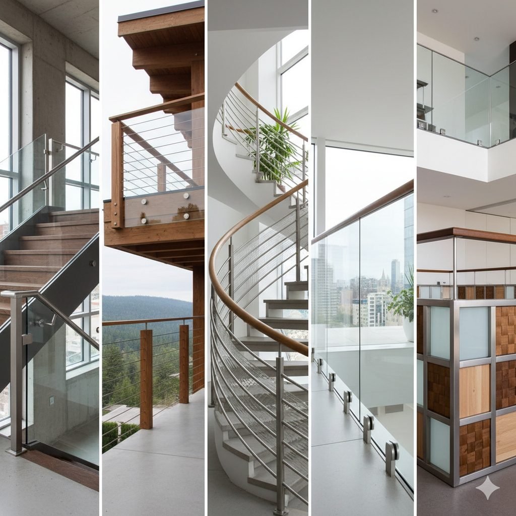 Glass, stainless-steel and cable railings on modern staircases and balconies