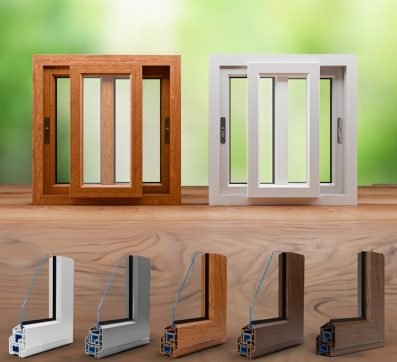 Wooden and white uPVC sliding window frames with profile sections